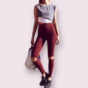 Free People Movement Maroon Ryanne Yoga Ribbed Cutout Knee Leggings